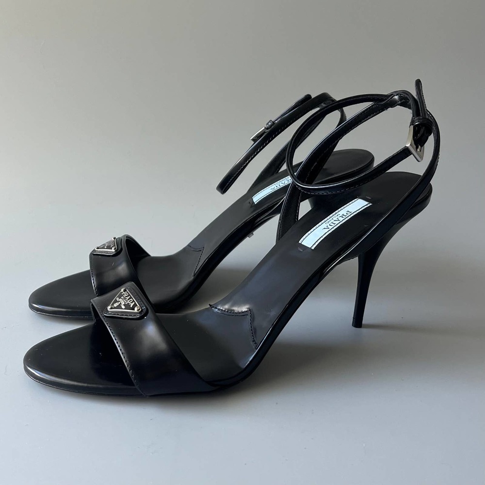 Prada Brushed Leather Logo Heel Sandal - Picture 2 of 7